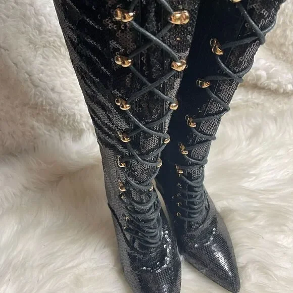 Over the knees Black sequins heels boots front lace up accents side zipper SZ6.5 - Picture 2 of 8
